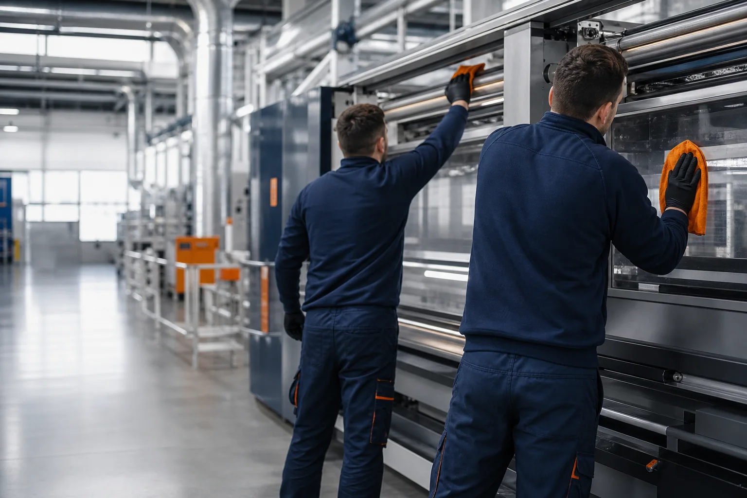 Técnicos trabajando de espaldas en la limpieza de un equipo industrial
